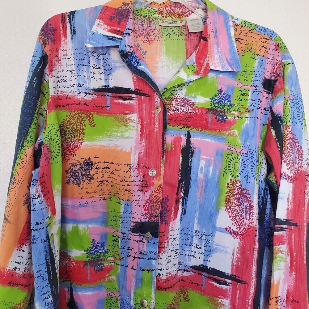 TravelSmith Womens XL Abstract Paisley Script Print Button Up Shirt Multi-Color - Picture 2 of 14